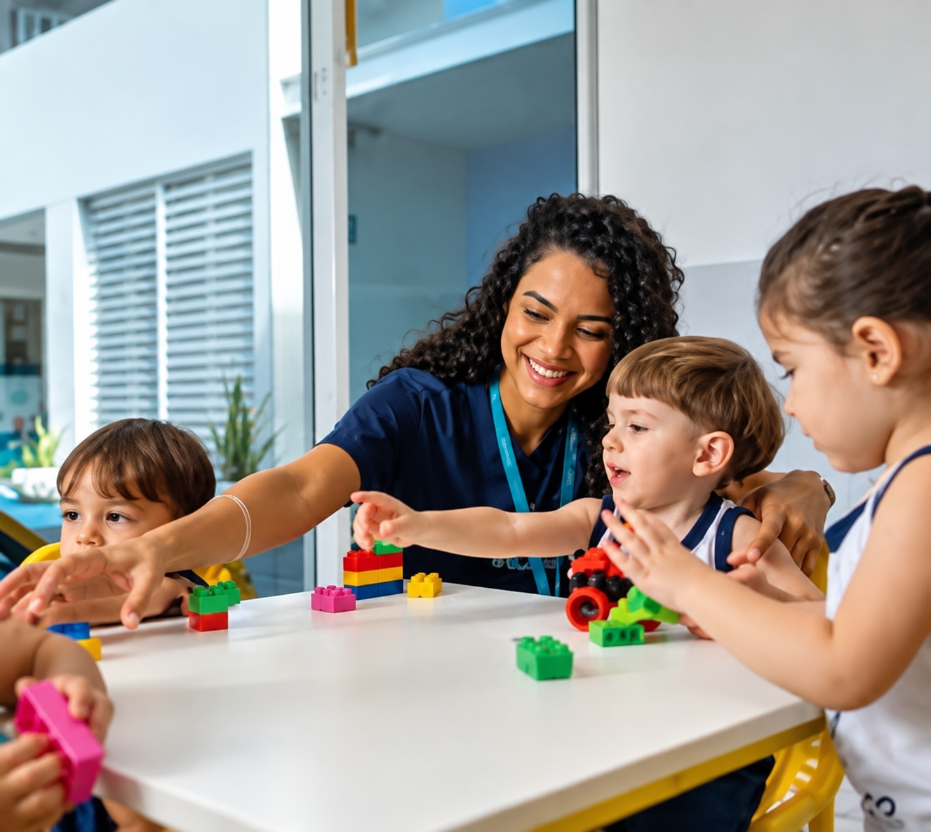 Professora e crianças aprendendo juntas no Colégio Uniq Multiverso